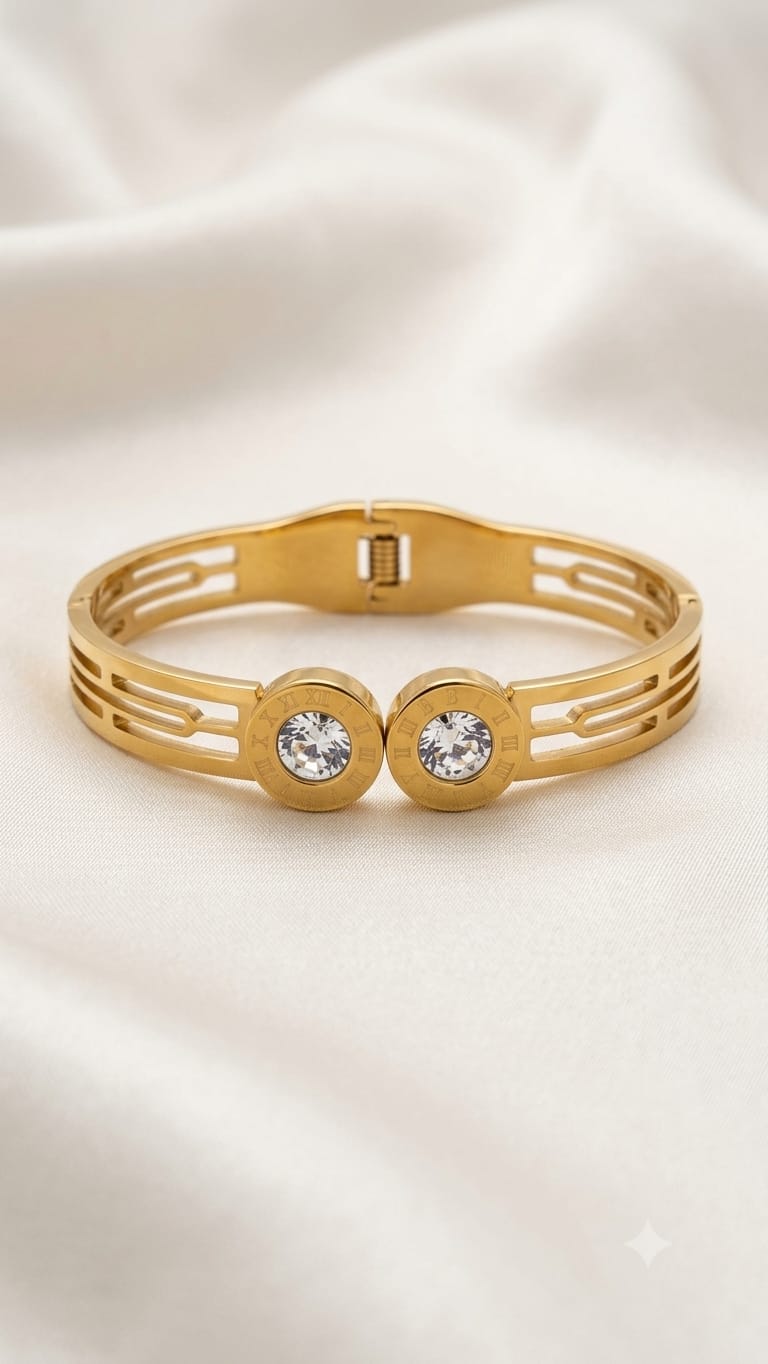 Roman Numeral Dual-Crystal Cutout Bangle — 18K Gold Plated Anti-Tarnish
