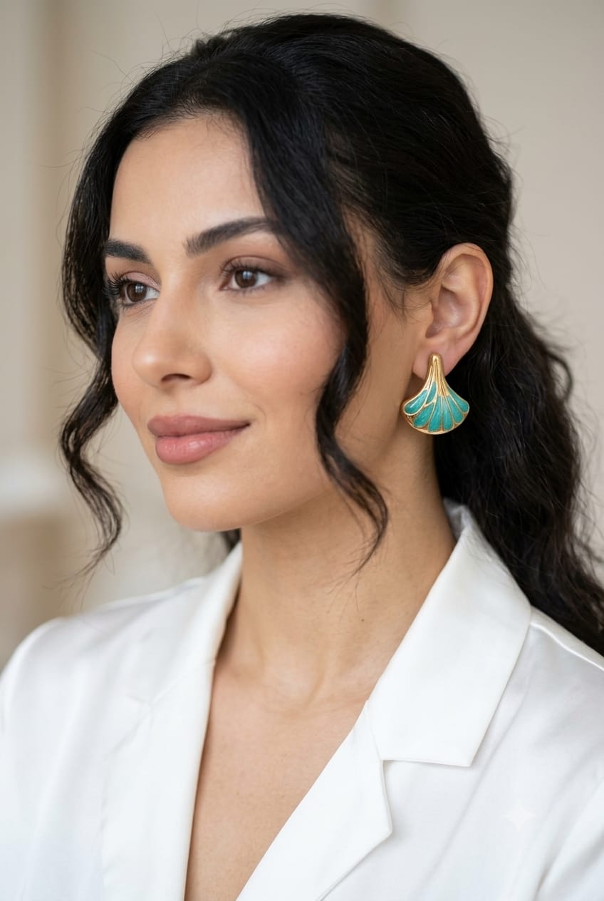 Turquoise Enamel Ginkgo Fan Statement Earrings — 18K Gold Plated