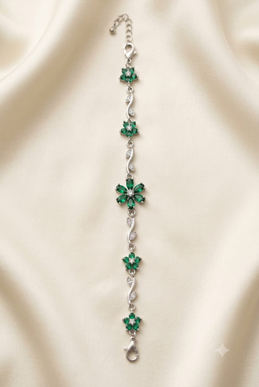 Emerald Blossom Vine Bracelet — Rhodium Plated Anti-Tarnish