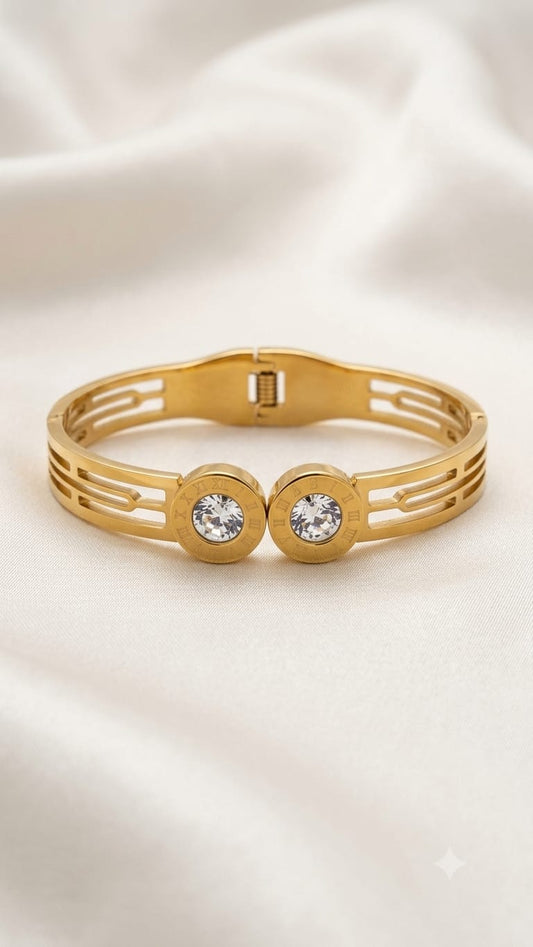 Roman Numeral Dual-Crystal Cutout Bangle — 18K Gold Plated Anti-Tarnish