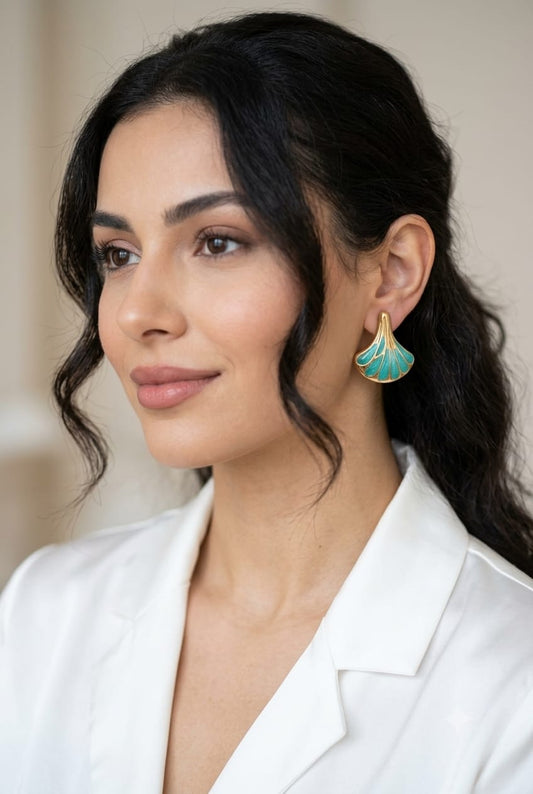 Turquoise Enamel Ginkgo Fan Statement Earrings — 18K Gold Plated
