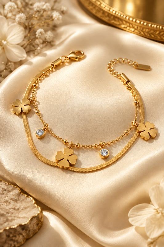 Clover Charm Layered Herringbone Bracelet — 18K Gold Plated Anti-Tarnish