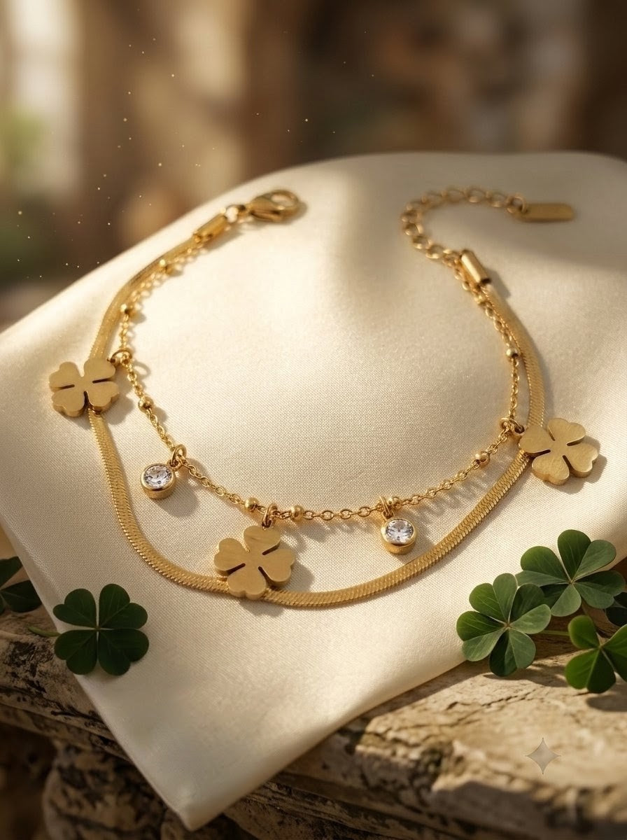 Clover Charm Layered Herringbone Bracelet — 18K Gold Plated Anti-Tarnish